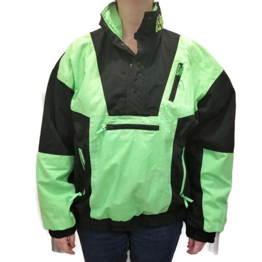 Vintage 90s Neon Green Black Colorblock Puffer Ski Coat Sz Medium‎
